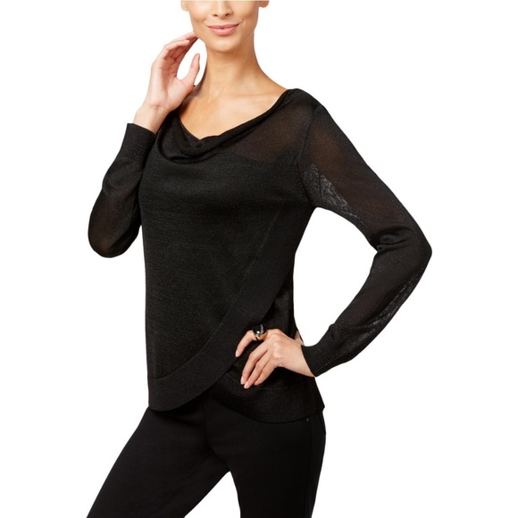 INC International Concepts Sweaters - INC Black Metallic Wrap Hem Tunic Sweater